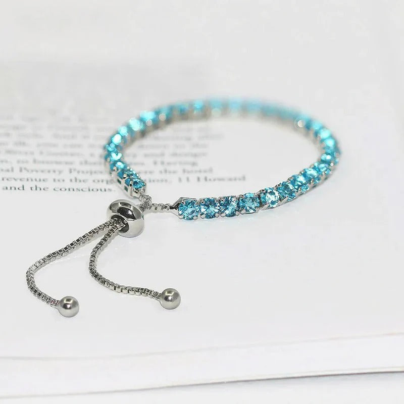 DRIARA 0186  Silver Plated Blue CZ Stone Adjustable Bracelet | 4 MM Stone Elegant Tennis Style Bracelet for Women & Girls
