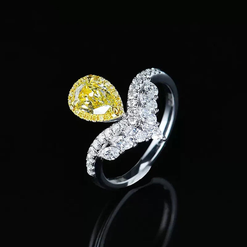 Driara 0147 Silver Plated Yellow Teardrop Solitaire Ring | Premium Ice-Cut CZ American Diamond Finger Ring for Women & Girls