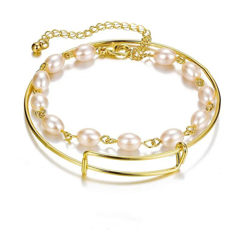 Driara 027 Gold Plated Minimal Bangle & Pearl Chain Bracelet Combo for Women & Girls – Elegant 2-Piece Jewellery Set