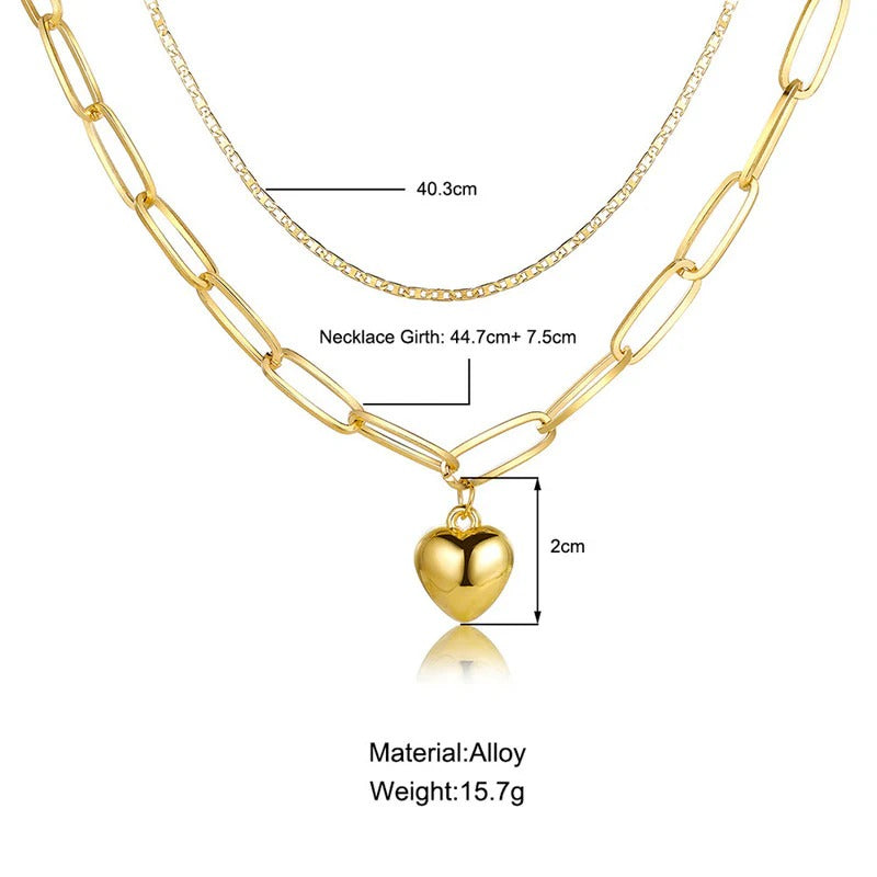 Driara 035 2 Layer Golden Heart Pendant Necklace for Women | Chain Link Layered Jewellery | Korean Fashion Style