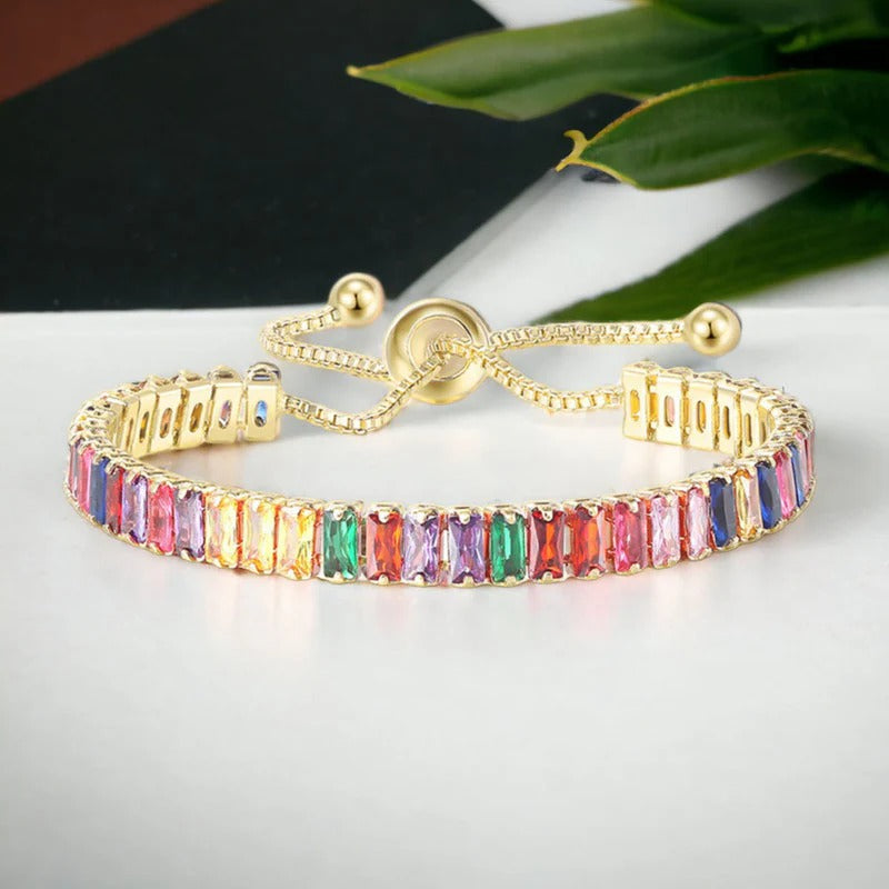 DRIARA 0111 Gold-Plated Multicolor Zirconia Tennis Bracelet for Women | Adjustable Crystal Bracelet
