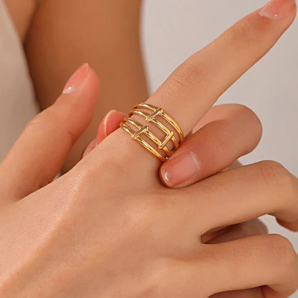Driara 054 Golden Adjustable Multi-Layer Designer Ring for Women & Girls | Korean Style Open Ring | Trendy Daily & Party Wear Jewellery