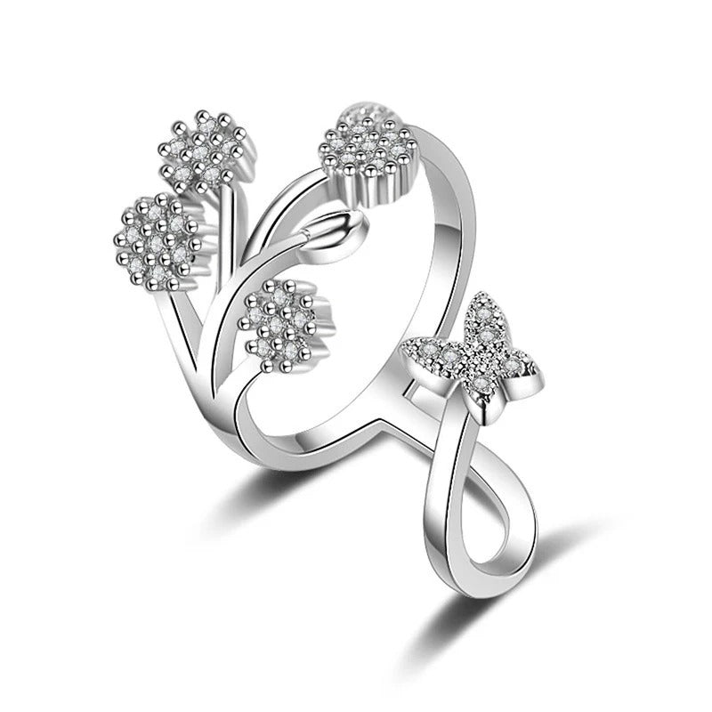 DRIARA 0165 Silver Plated Korean Floral American Diamond Adjustable Ring | Designer CZ Blossom Style Finger Ring for Women & Girls