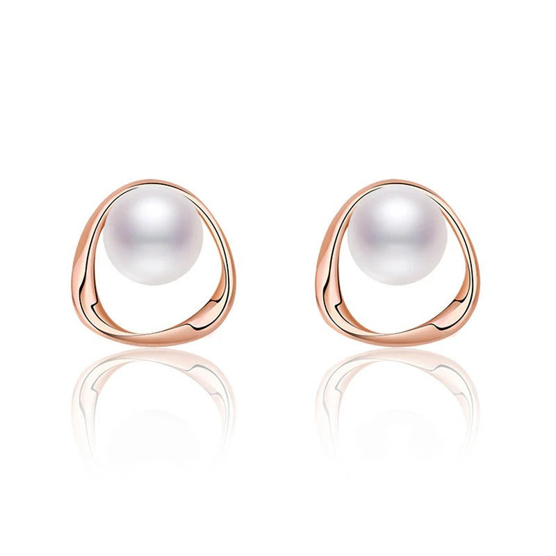 DRIARA 91 Rose Gold-Plated Triangle Pearl Stud Earrings | Minimal Korean Style | Lightweight & Anti-Tarnish