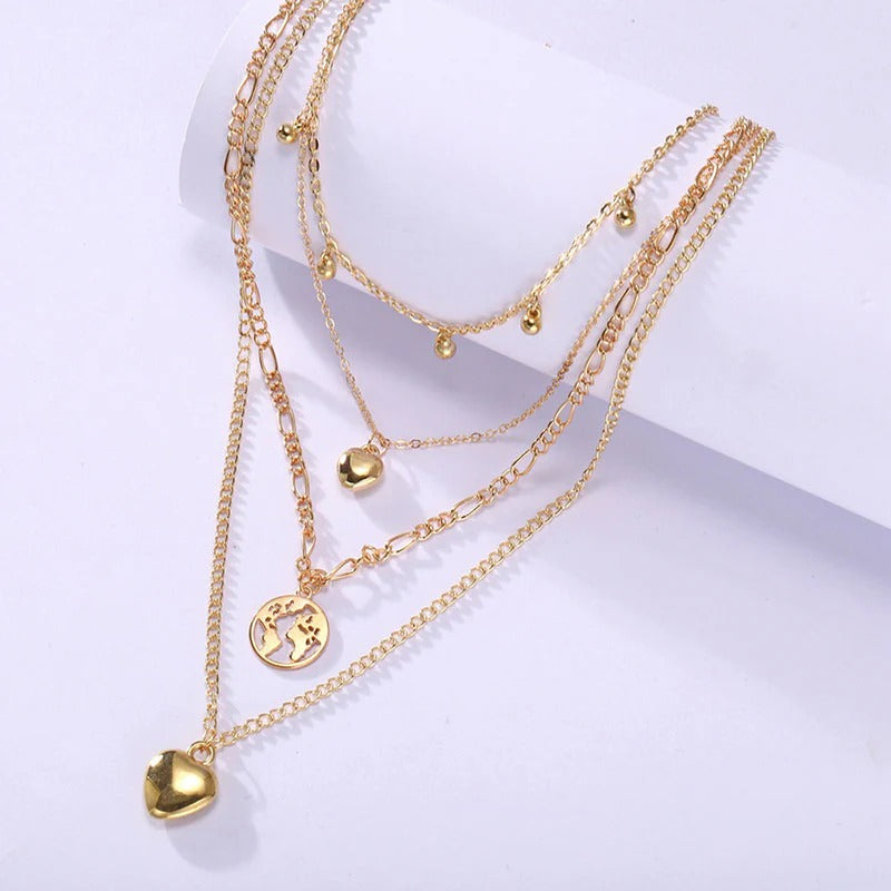 Driara 030 4 Layer Rose Gold Heart & Medallion Necklace Set for Women | Korean Multi-Layer Chain Jewellery
