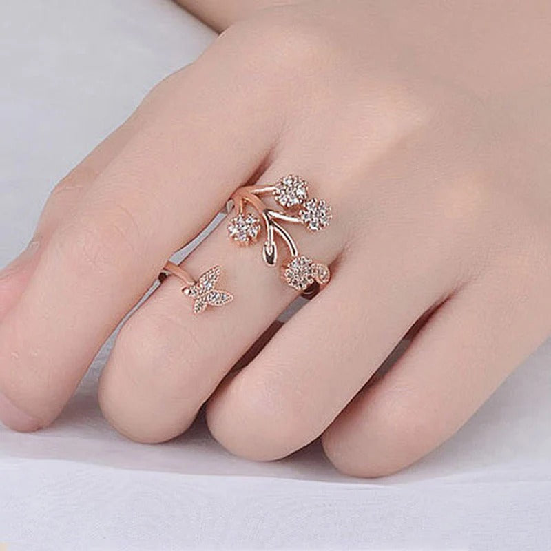 DRIARA 0177 Rose Gold Plated Floral Branch CZ Adjustable Korean Finger Ring | Elegant Women’s Fashion Ring
