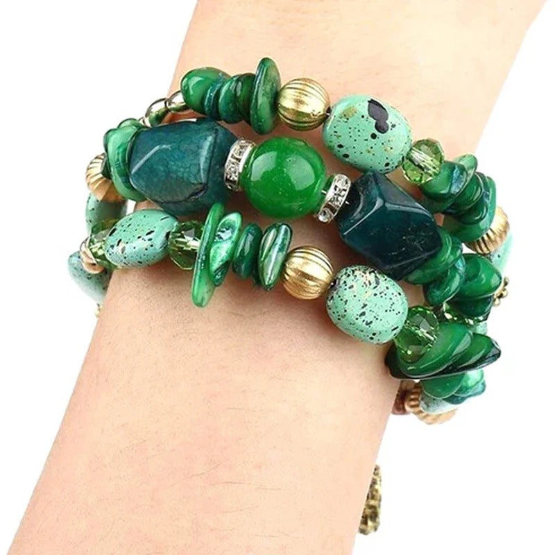 DRIARA 0191  Green Stone Multi-Layer Beaded Bracelet Set for Women | Boho Style | Adjustable Fashion Bracelet