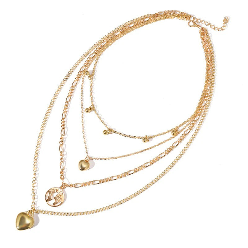 Driara 030 4 Layer Rose Gold Heart & Medallion Necklace Set for Women | Korean Multi-Layer Chain Jewellery