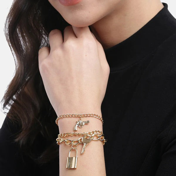 Driara 025 Gold Plated Multi-Charm Bracelet for Women & Girls – Trendy Double Layer Chain Bracelet