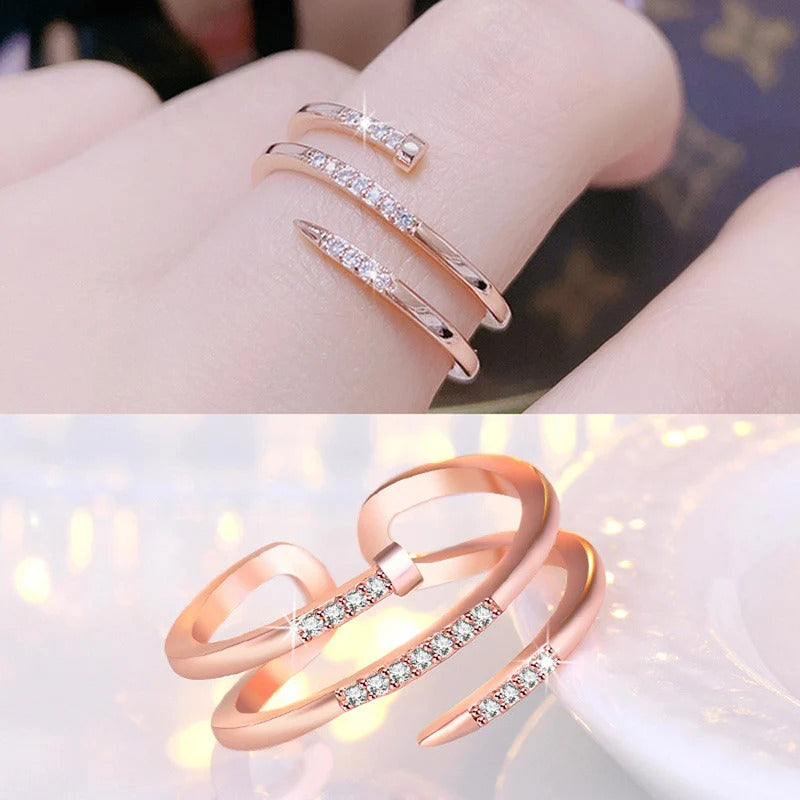 Driara 0130 Rose Gold AD Stone Finger Ring | Korean Nail Shape Adjustable Ring for Women & Girls