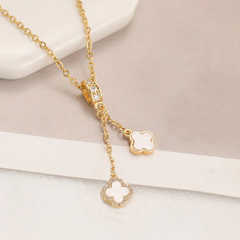Driara 062 Golden White Clover Pendant Necklace for Women & Girls | Elegant Dual Clover Chain | Premium Korean Jewellery
