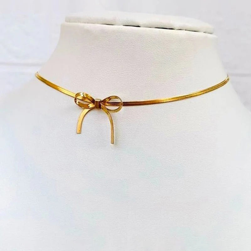 Driara 041 Golden Bow Choker Necklace for Women & Girls | Korean Style Lightweight Elegant Daily Wear Necklac