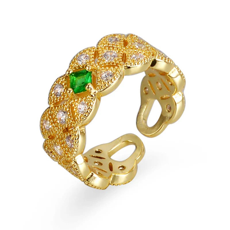 Driara 087 Gold-Plated Green Stone Sparkling AD Adjustable Ring for Women & Girls | Premium Party Wear Finger Ring | Korean Style