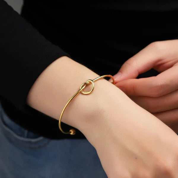 Driara 055 Golden Knot Open Bangle Bracelet for Women & Girls | Elegant Minimalist Adjustable Bracelet | Korean Style Daily & Party Wear Jewellery
