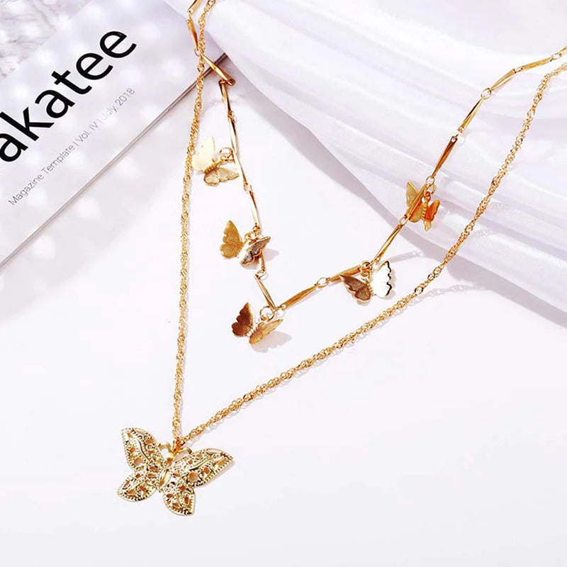Driara 029 Double Layer Golden Butterfly Necklace Set for Women & Girls – Trendy Korean Layered Chain Jewellery