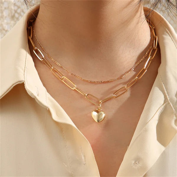 Driara 035 2 Layer Golden Heart Pendant Necklace for Women | Chain Link Layered Jewellery | Korean Fashion Style