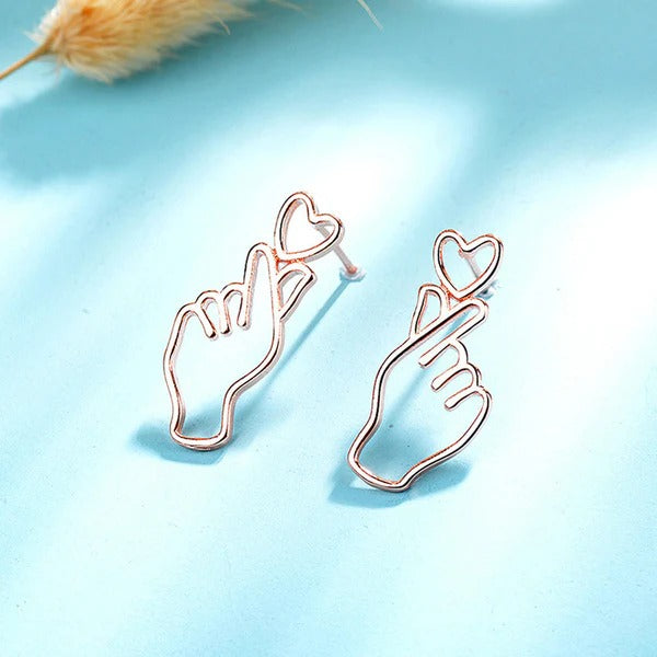 DRIARA 092 Rose Gold-Plated Korean Heart Finger Earring Studs | Trendy Cute Hand Gesture Design | Lightweight & Anti-Tarnish