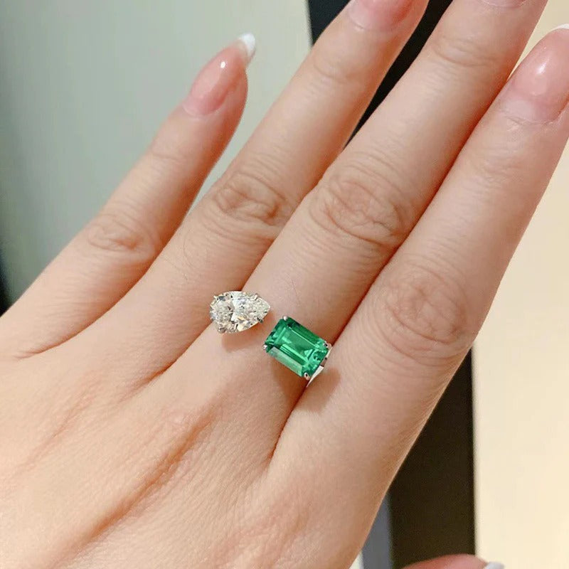DRIARA 0151  Silver Plated Green Crushed Ice Cut Rectangle Stone Ring | Premium Adjustable American Diamond Finger Ring for Women