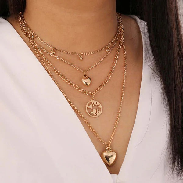 Driara 030 4 Layer Rose Gold Heart & Medallion Necklace Set for Women | Korean Multi-Layer Chain Jewellery