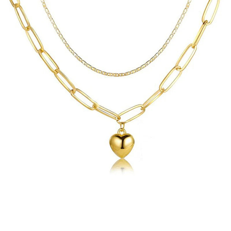 Driara 035 2 Layer Golden Heart Pendant Necklace for Women | Chain Link Layered Jewellery | Korean Fashion Style