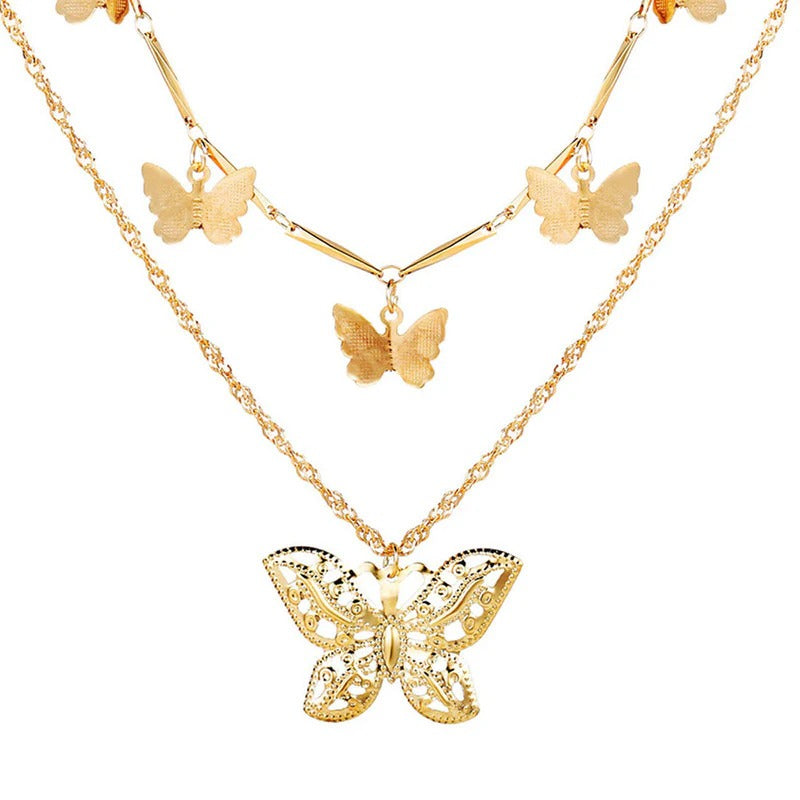 Driara 029 Double Layer Golden Butterfly Necklace Set for Women & Girls – Trendy Korean Layered Chain Jewellery