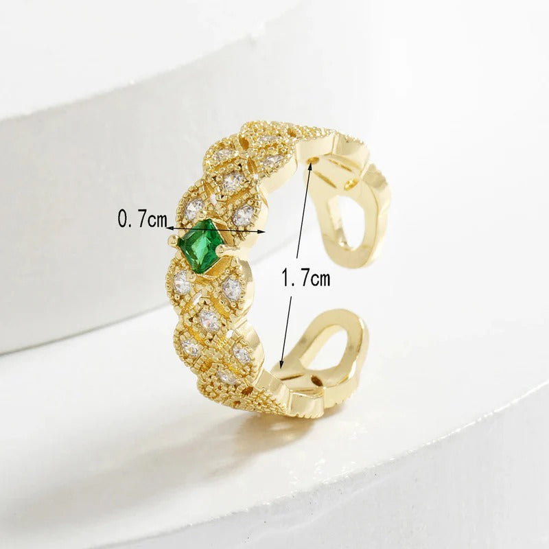 Driara 087 Gold-Plated Green Stone Sparkling AD Adjustable Ring for Women & Girls | Premium Party Wear Finger Ring | Korean Style