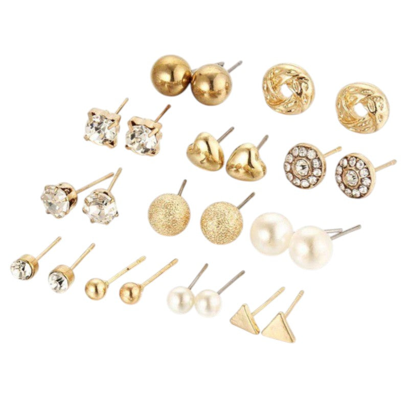 Driara 0128 12-Pair AD, Pearl & Gold Stud Earring Combo | Premium Multi-Design Stud Set for Women & Girls