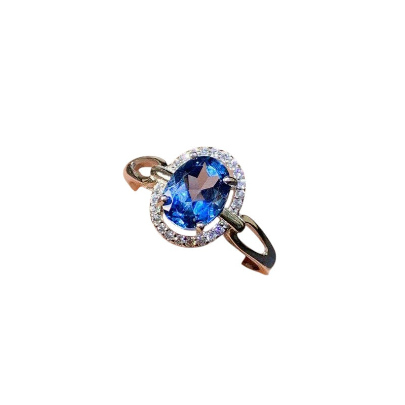 DRIARA 0155 Silver Plated Blue Oval Halo Crushed Ice Cut Ring | Premium American Diamond Finger Ring for Women