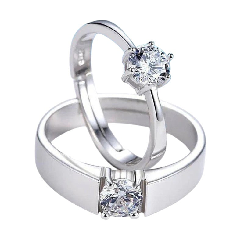 DRIARA 0158 Silver Plated American Diamond Solitaire Adjustable Couple Rings | Classic Matching Band for Him & Her