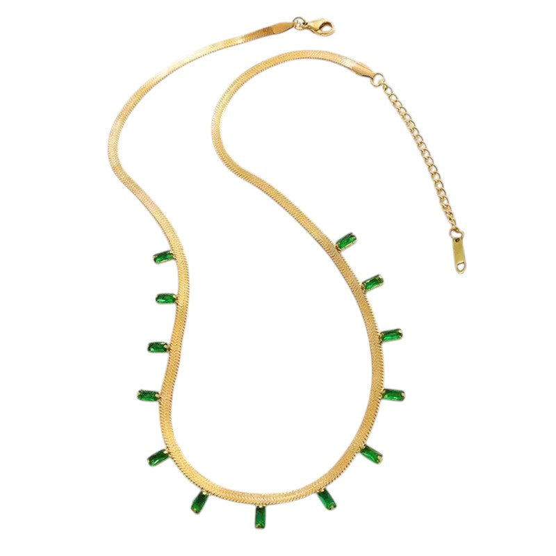 DRIARA 0104 Gold-Plated Green Emerald Studded Snake Chain Necklace for Women | Minimal Elegant Daily Wear Necklace
