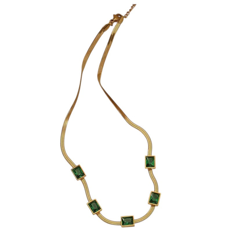 DRIARA 0105 Gold-Plated Square Emerald Stone Snake Chain Necklace for Women | Minimal Elegant Daily Wear Necklace