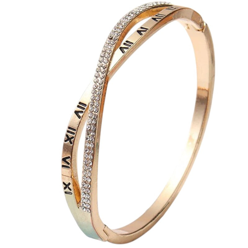DRIARA 0108 Roman Number Stylish Bracelet for Women | Gold-Plated & Diamond Studded | Premium Adjustable Bangle