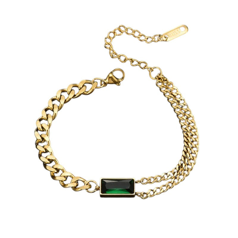 DRIARA 0112  Gold-Plated Green Stone Chain Bracelet for Women | Elegant Adjustable Link Bracelet